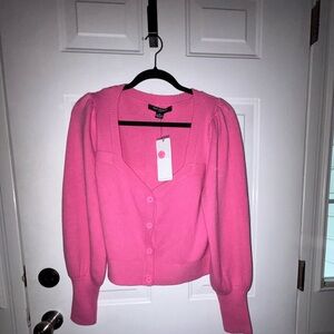 French Connection Pink Puff Sleeve V-Neck Cardigan